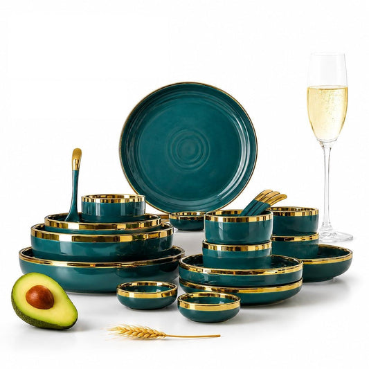 Opal Abode 18-Piece Green & Gold Ceramic Dinner Set for 4 – product image 1